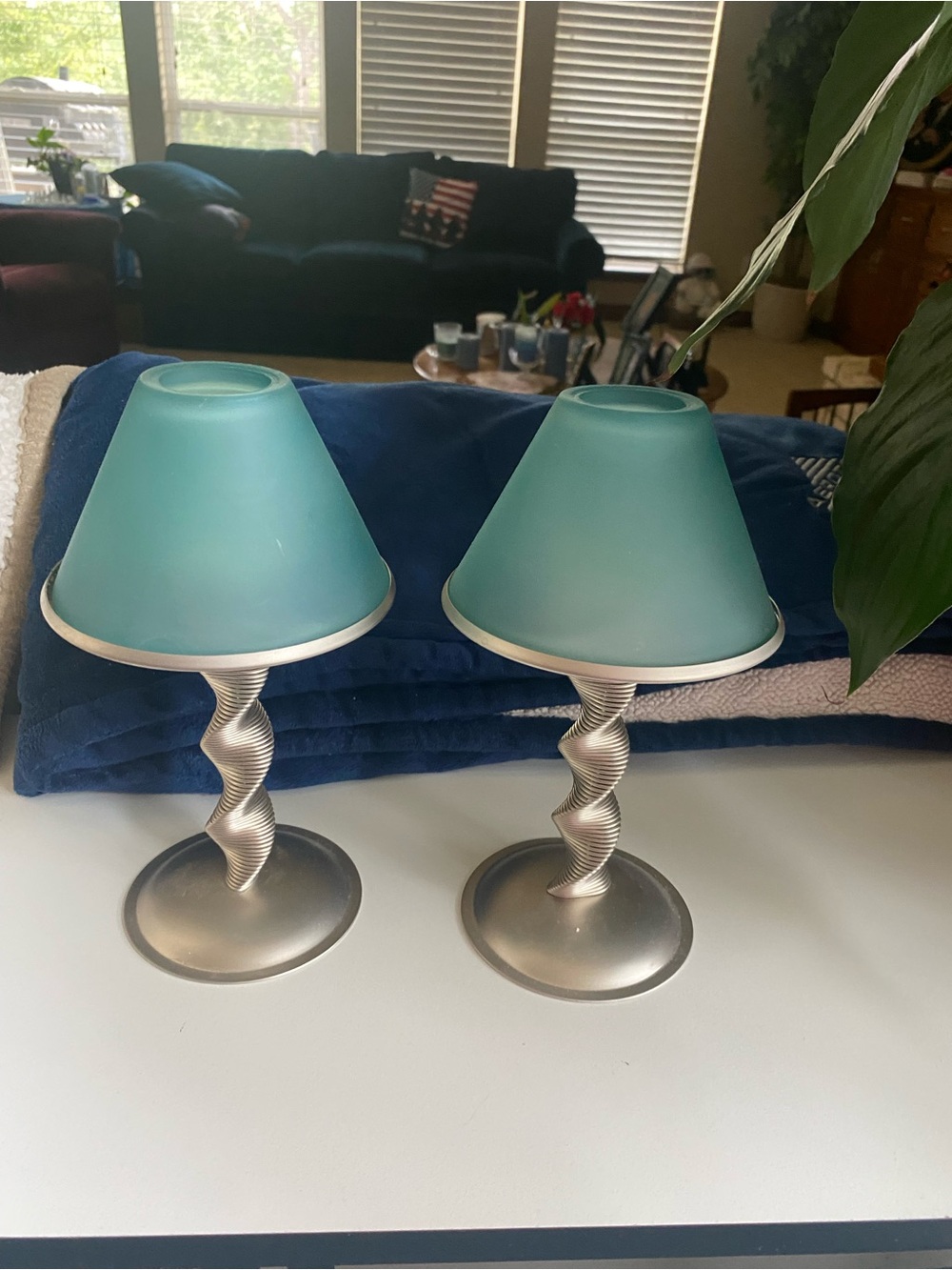 Teal Glass Shade Table candleholders with Twisted Silver Base